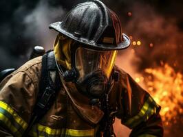 corajoso masculino bombeiro destemidamente confronta a ardente inferno ai generativo foto