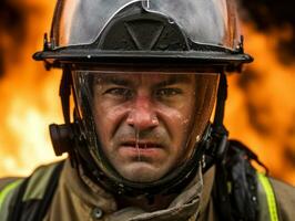 corajoso masculino bombeiro destemidamente confronta a ardente inferno ai generativo foto