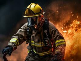 corajoso masculino bombeiro destemidamente confronta a ardente inferno ai generativo foto