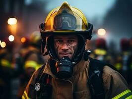 corajoso masculino bombeiro destemidamente confronta a ardente inferno ai generativo foto