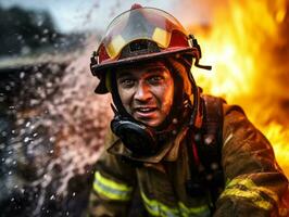 corajoso masculino bombeiro destemidamente confronta a ardente inferno ai generativo foto