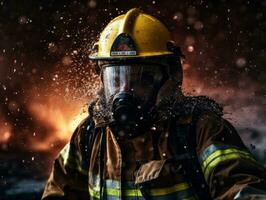 corajoso masculino bombeiro destemidamente confronta a ardente inferno ai generativo foto