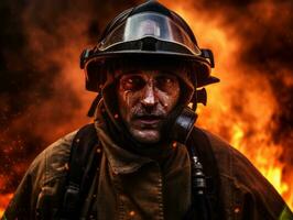 corajoso masculino bombeiro destemidamente confronta a ardente inferno ai generativo foto