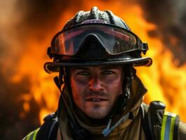 corajoso masculino bombeiro destemidamente confronta a ardente inferno ai generativo foto