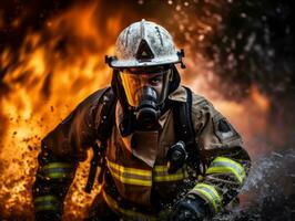 corajoso masculino bombeiro destemidamente confronta a ardente inferno ai generativo foto