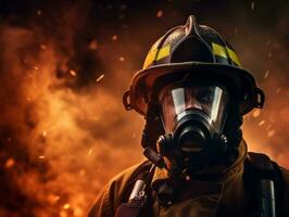 corajoso masculino bombeiro destemidamente confronta a ardente inferno ai generativo foto