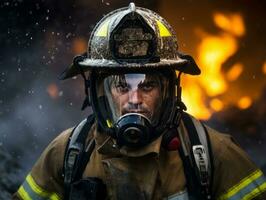 corajoso masculino bombeiro destemidamente confronta a ardente inferno ai generativo foto