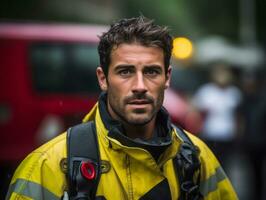 corajoso masculino bombeiro destemidamente confronta a ardente inferno ai generativo foto