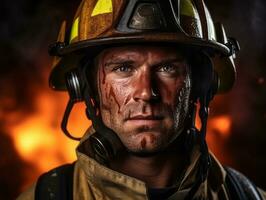 corajoso masculino bombeiro destemidamente confronta a ardente inferno ai generativo foto