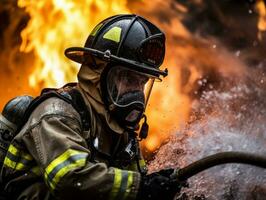 corajoso masculino bombeiro destemidamente confronta a ardente inferno ai generativo foto