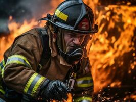 corajoso masculino bombeiro destemidamente confronta a ardente inferno ai generativo foto