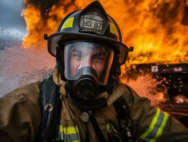 corajoso masculino bombeiro destemidamente confronta a ardente inferno ai generativo foto