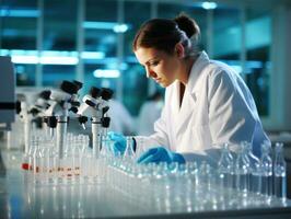 fêmea cientista conduzindo experimentos dentro uma Alto tecnologia laboratório ai generativo foto