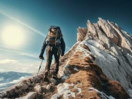 determinado homem sobe uma íngreme montanha trilha ai generativo foto