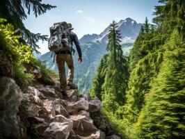 determinado homem sobe uma íngreme montanha trilha ai generativo foto