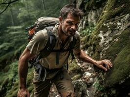 determinado homem sobe uma íngreme montanha trilha ai generativo foto