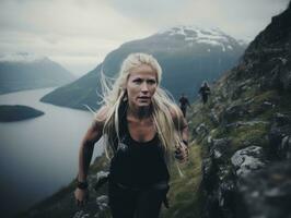 determinado mulher sobe uma íngreme montanha trilha ai generativo foto