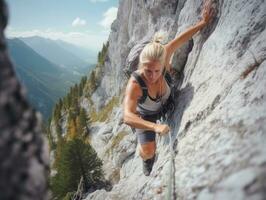 determinado mulher sobe uma íngreme montanha trilha ai generativo foto