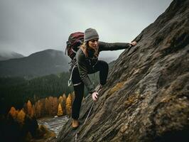 determinado mulher sobe uma íngreme montanha trilha ai generativo foto