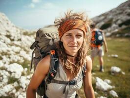 determinado mulher sobe uma íngreme montanha trilha ai generativo foto