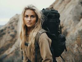 determinado mulher sobe uma íngreme montanha trilha ai generativo foto