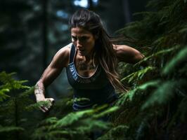 determinado mulher sobe uma íngreme montanha trilha ai generativo foto