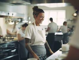 fêmea chefe de cozinha cria culinária obras-primas dentro uma movimentado cozinha ai generativo foto