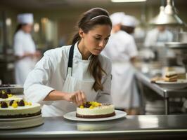 fêmea chefe de cozinha cria culinária obras-primas dentro uma movimentado cozinha ai generativo foto