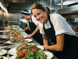 fêmea chefe de cozinha cria culinária obras-primas dentro uma movimentado cozinha ai generativo foto