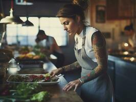 fêmea chefe de cozinha cria culinária obras-primas dentro uma movimentado cozinha ai generativo foto