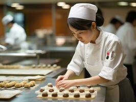 fêmea chefe de cozinha cria culinária obras-primas dentro uma movimentado cozinha ai generativo foto