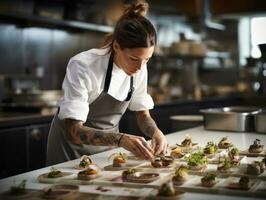 fêmea chefe de cozinha cria culinária obras-primas dentro uma movimentado cozinha ai generativo foto