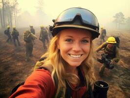 fêmea bombeiro bravamente batalhas a fogo ai generativo foto