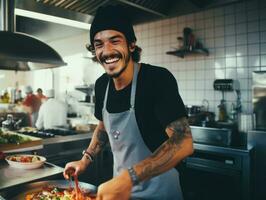 masculino chefe de cozinha cria culinária obras-primas dentro uma movimentado cozinha ai generativo foto