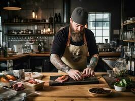 masculino chefe de cozinha cria culinária obras-primas dentro uma movimentado cozinha ai generativo foto