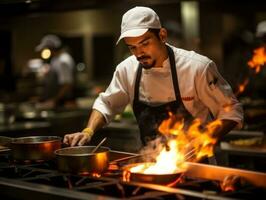 masculino chefe de cozinha cria culinária obras-primas dentro uma movimentado cozinha ai generativo foto