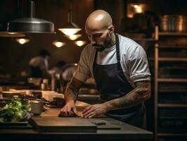 masculino chefe de cozinha cria culinária obras-primas dentro uma movimentado cozinha ai generativo foto