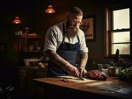 masculino chefe de cozinha cria culinária obras-primas dentro uma movimentado cozinha ai generativo foto