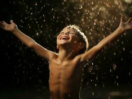 despreocupado criança alegremente danças dentro a refrescante chuva ai generativo foto