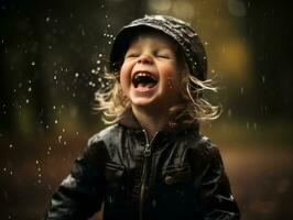 despreocupado criança alegremente danças dentro a refrescante chuva ai generativo foto