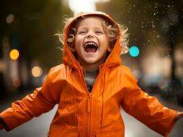 despreocupado criança alegremente danças dentro a refrescante chuva ai generativo foto