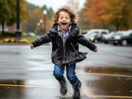 despreocupado criança alegremente danças dentro a refrescante chuva ai generativo foto