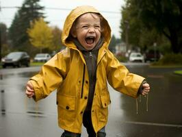 despreocupado criança alegremente danças dentro a refrescante chuva ai generativo foto