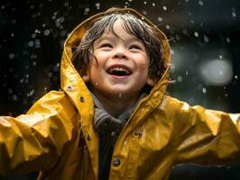 despreocupado criança alegremente danças dentro a refrescante chuva ai generativo foto