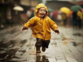 despreocupado criança alegremente danças dentro a refrescante chuva ai generativo foto