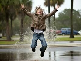 despreocupado criança alegremente danças dentro a refrescante chuva ai generativo foto