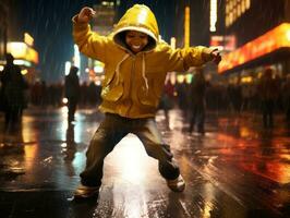 despreocupado criança alegremente danças dentro a refrescante chuva ai generativo foto