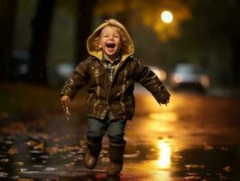 despreocupado criança alegremente danças dentro a refrescante chuva ai generativo foto