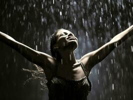 despreocupado mulher alegremente danças dentro a refrescante chuva ai generativo foto