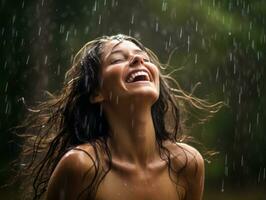 despreocupado mulher alegremente danças dentro a refrescante chuva ai generativo foto